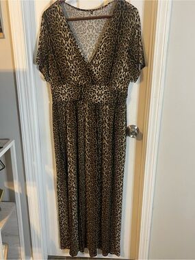 Leopard Print Maxi Dress - V-Neck, Waist Detail